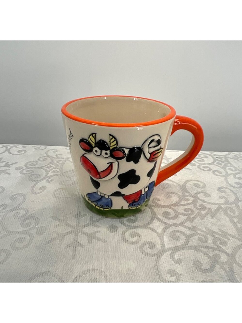 Hand painted Ceramic Cow Mug Holland Peek a Boo Mug Windmill Design Orange Rim &